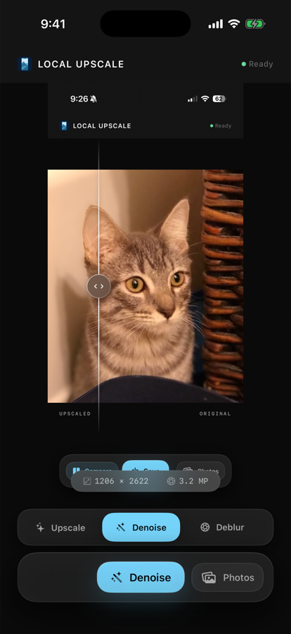 Local Upscale deblur mode selected in the app